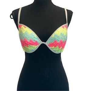 Victoria’s Secret neon zigzag print knit padded bikini top 34DD sexy swimsuit